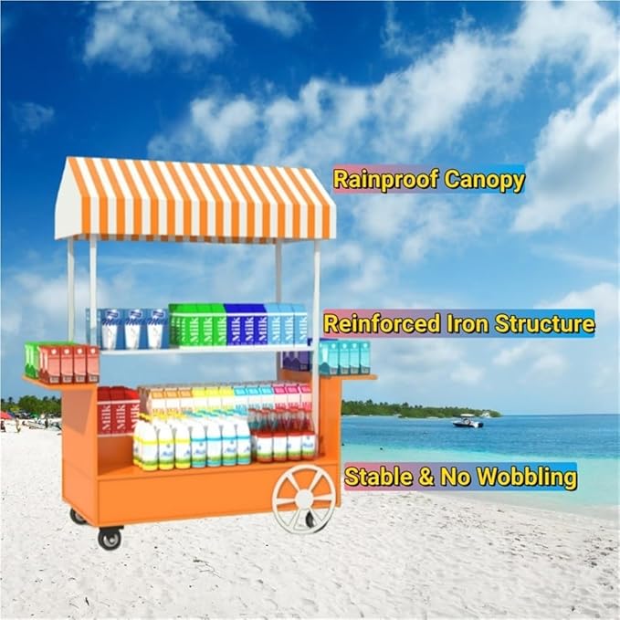 Portable Food Cart with Canopy, Mobile Vendor Display Stand with Lockable Wheels, Outdoor Food Stall Trolley, Foldable Commercial Display Cart for Market, Street Food & Events(Yellow)