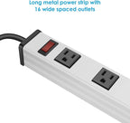 JUNNUJ Long Metal 16 Outlet Power Strip, Wide Spaced Garage Industrial Heavy Duty Power Strip with 15 FT Cord 15A, 125V, 1875W-Silver