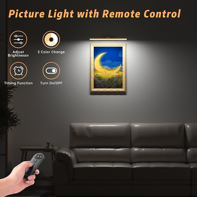 15.35inch Picture Light, Rechargeable Battery Wall Light for Paintings, 3 Colors Paintings Light Dimmable and Timer Metal Art Light for Display, Wall, Artwork, Gallery (Gold)