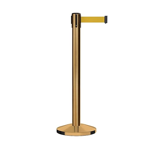 Crowd Control Warehouse CCW Series RBB-150 - Set of 2 Stanchion Retractable Belt Barriers - 16 Foot, Yellow Belt with Satin Brass Steel Post - Easy Assembly
