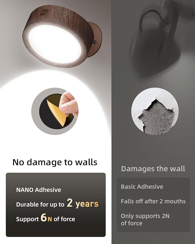 EZVALO LED Wall Mounted Lights, 5500mAh Rechargeable Wall Sconces Lamp, 3 Color Temps & Remote and Touch Control, 360°Rotation Dimmable Cordless Wall Light for Bedroom Reading Study (2 Pack Walnut)
