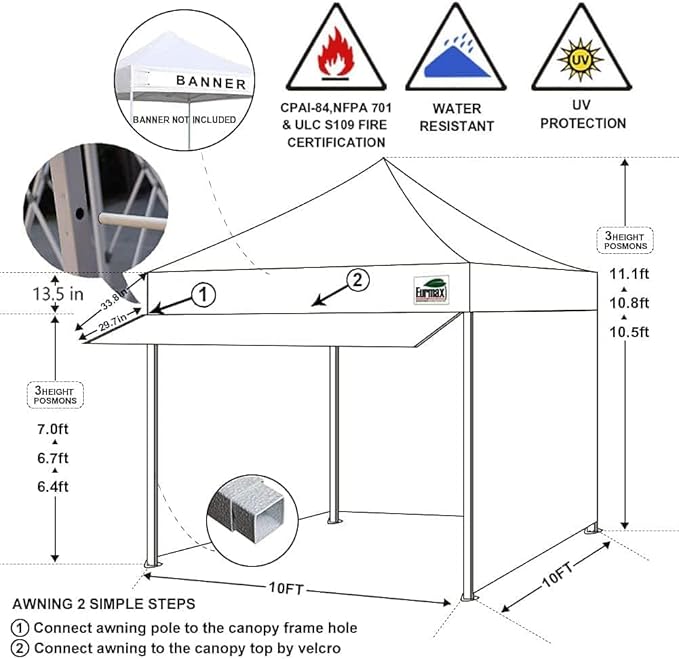 Eurmax USA 10 x 10 Pop up Canopy Commercial Tent Outdoor Party Canopies with 4 Removable Zippered Sidewalls and Roller Bag Bonus 4 Canopy Sand Bags & 24 Squre Ft Extended Awning(Black)