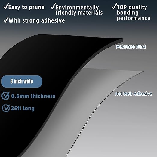 Black Wood Veneer, 8 inch x 25ft Wood Edge Banding Pre-glued Flexible, Veneer Tape Banding for Cabinet Repair Furniture Restoration