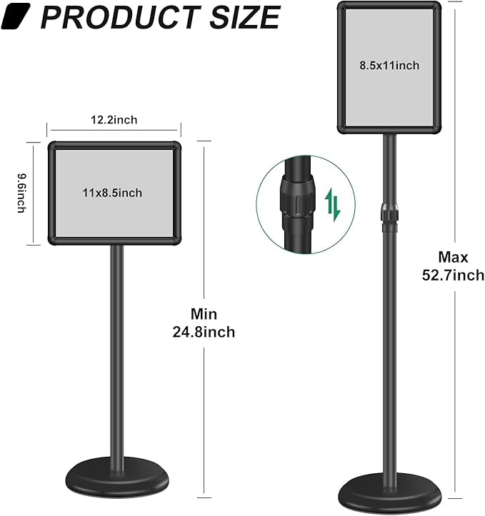 Sign Holder Floor Display Stand: 8.5 x 11 inch Adjustable Standing Signage Stand with Snap Frame for Malls Schools Restaurants (Black, 8.5 x 11" (1 PACK))