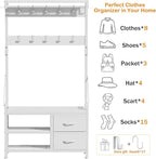 Lulive Hall Tree, 31.5” Entryway Bench with Coat Rack freestanding, 5 in 1 Intelligent Design Shoe Bench and Wall Rack 17 Hooks and Drawers (White)