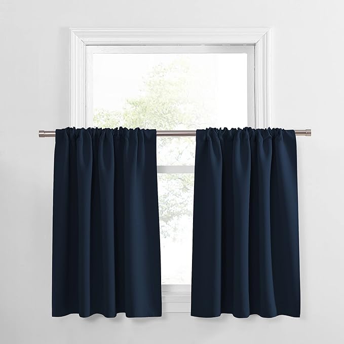 PONY DANCE Short Curtains for Kitchen Window - Home Decor Rod Pocket Thermal Insulated Window Treatments Light Block Panels for Bathroom, 42 W x 30 L, Navy Blue, Set of 2