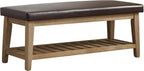 HUIMO Entryway Shoe Bench with Cushion, End of Bed Bench,Upholstered Bench for Kitchen, Bench with Solid Wood Shelf, Leather Ottoman Bench for Hallway, Living Room (PU-Brown)
