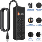 Heavy Duty Surge Protector 20Amp,Metal Power Strip with 8 Outlets,Wall Mount Surge Protector 4800J,12 Gauge 10FT Extension Cord 5-15P Adapter Workshop & Industrial Use with 6-20R T-Slot Outlets