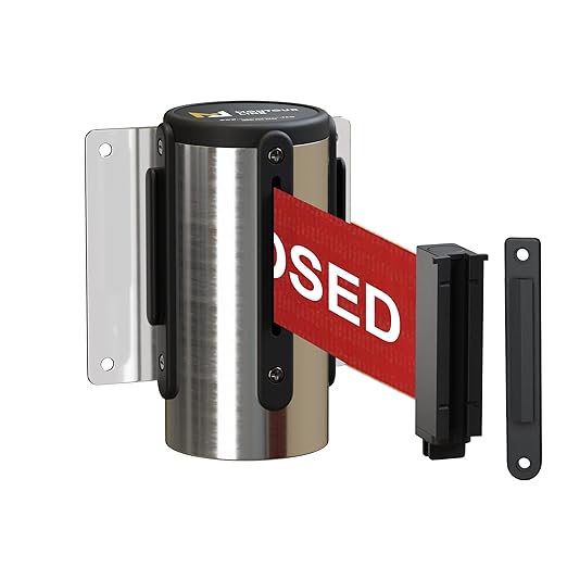 Montour Line WM115 Wall Mounted Retractable Belt Barrier with Standard Belt End, Fixed Mount, Polished Stainless Steel Casing (8.5 ft Red with"This LINE is Closed" White Letters Belt)