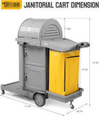 TUFFIOM Janitorial Cart on Wheels, 3 Shelf Commercial Cleaning Cart with Key Locking-Cabinet, Grey Housekeeping Cart with Locker and Cleaning Bag, for Hotel, Business, Office, Stadium Use