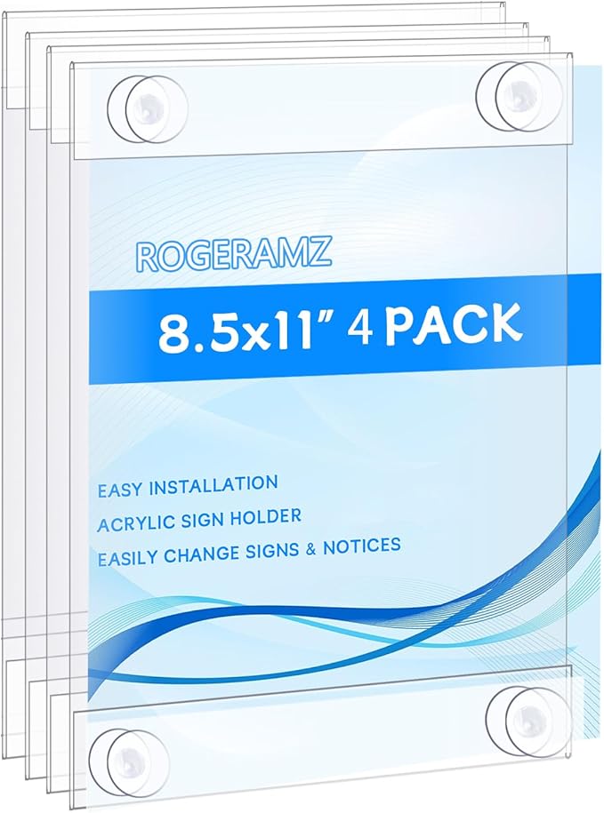 8.5 x 11 Acrylic Sign Holder with 20 Suction Cups, Clear Plastic Window Sign Holder, Wall Mount Advertising Frames for Glass Doors - Perfect for Malls, Offices, Homes, Stores, and Restaurants (4 Pack)