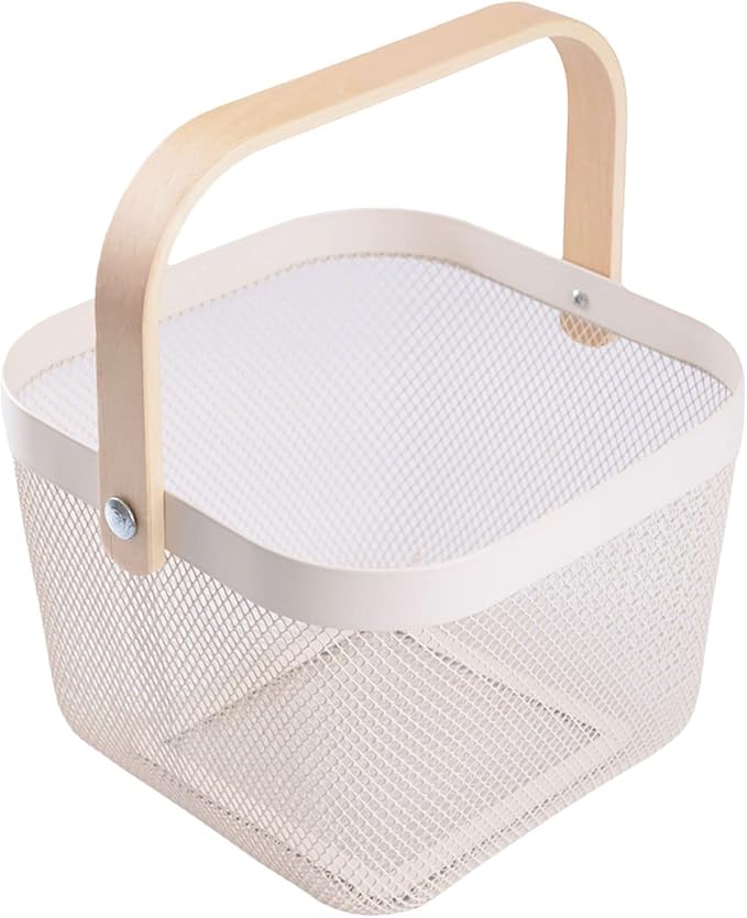 IBWell Square Metal Wire Woven Fruit Storage Bowl Basket with Wooden Handle, Large Black Mesh Fruit Stand, Multi-function Hanging Kitchen Baskets (White, Normal)