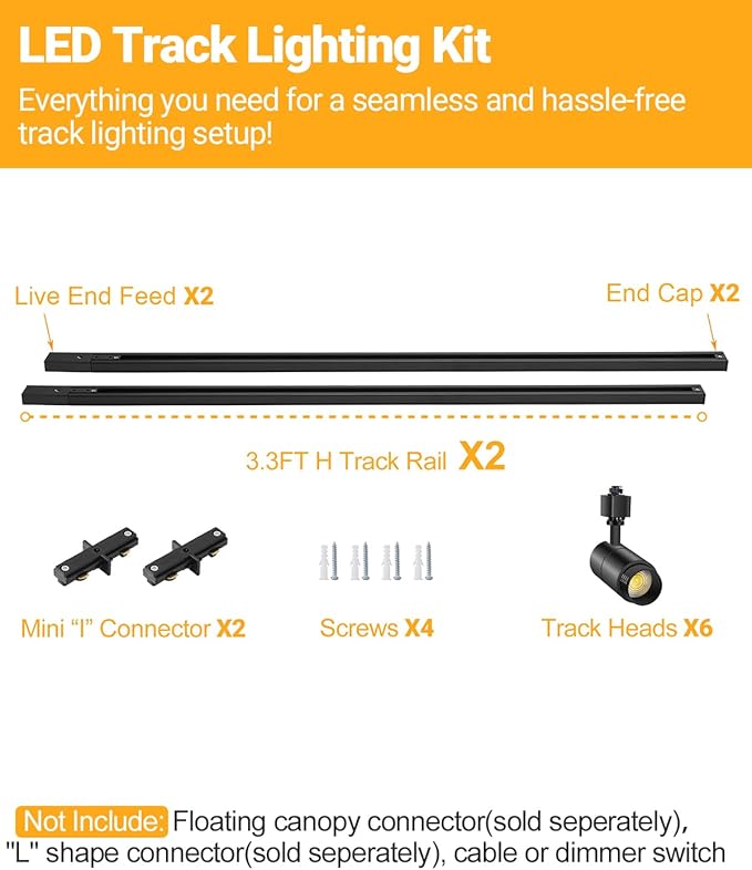 VANoopee 3-Color Zoomable 6 Light LED Track Lighting Kit with 6.6FT H Type Track Lighting Rail, LED Track Light Heads Dimmable Modern Kitchen Track Lighting Fixtures Ceiling Spotlight 10W 1000lm Black