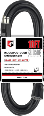 EP 10 Ft Outdoor Extension Cord - 12/3 SJTW Heavy Duty Black Extension Cable with 3 Prong Grounded Plug - Power Cord for Lawn, Garden, Appliances