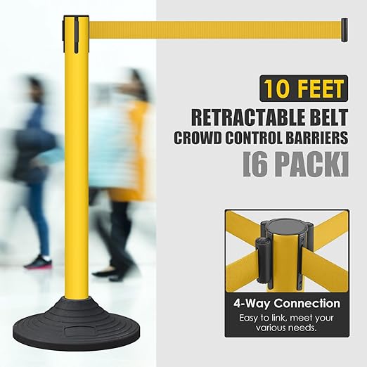 6 Pack Premium Crowd Control Stanchion Set, 40" H Delineator Post with 10' Feet Retractable Belt, Heavy-Duty Base, Safety Rope Barriers for Traffic Queue (Heavy Rubber Base, Yellow)