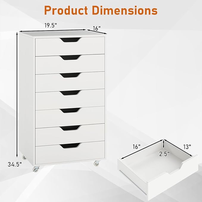 LOKO 7-Drawer Storage Cabinet, Versatile Drawer of Chest with Lockable Wheels, Mobile Office Lateral File Cabinet, for Home Office, Study (White, 16" D x 19.5" W x 34.5" H)