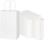 Toovip 100 Pack 5.25x3.25x8.25 Inch Small White Kraft Paper Bags with Handles Bulk, Gift Wrap Bags for Favor Grocery Retail Party Birthday Shopping Business Goody Craft Sacks Merchandise Take Out Cub