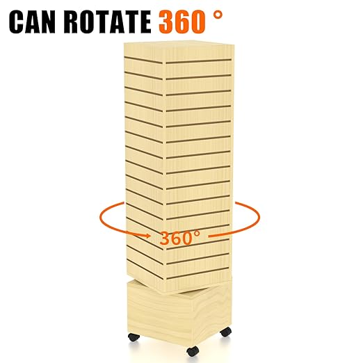 16”W * 16”D * 60”H Maple Color Finish Slatwall Tower - Rotating and Rolling - Slatwall Display Tower - Rotating Spinner Rack for Store Fixtures and Display Retail - Boutique, Home
