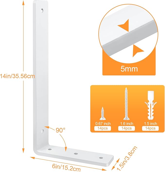 White Floating Shelf Bracket 14 Inch, 10 Pack Heavy Duty Shelf Brackets, Black Wall Shelf Bracket for DIY Decorative with Mounting Hardware