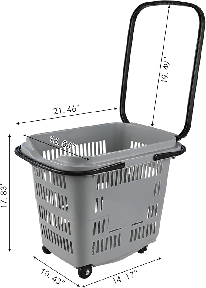 50 L Plastic Shopping Basket with Wheels, 4 Pcs Plastic Rolling Shopping Basket with Handle, Gray