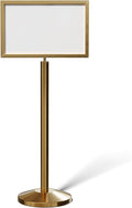Crowd Control Warehouse Pedestal Standing Floor Sign Frame with Sloped Base, 14x22 Inch Horizontal, Satin Brass