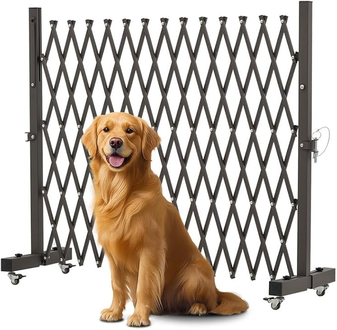 GYMTIME Metal Expandable Barricade, Portable Safety Barrier with Casters, Flexible Mobile Folding Security Gate, Adjustable Traffic Fence for Home, School, Warehouse, 5.2 Feet, 34 inch High