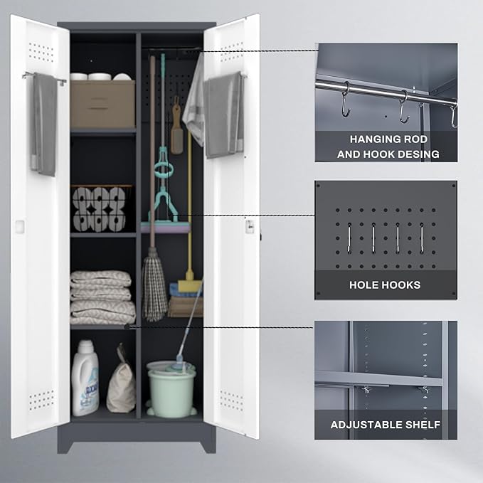 LUCYPAL Metal Garage Storage Cabinet,Broom Closet Storage Cabinet with Locking Doors and Shelves,Cleaning Tool Cabinets with Hanging Rods for Kitchen,Garage,White&Grey 65" H