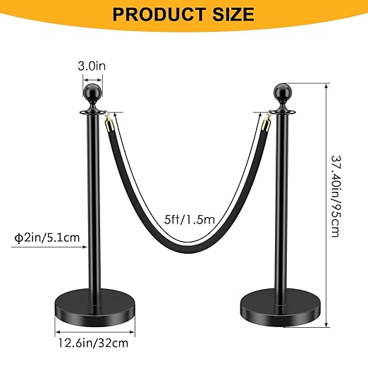 LOVMOR 12Pcs Black Stanchion Posts Queue with 8pcs Black Velvet Rope, Crowd Control Barriers Queue Line Rope, Crowd Control Stanchion for Party Supplies