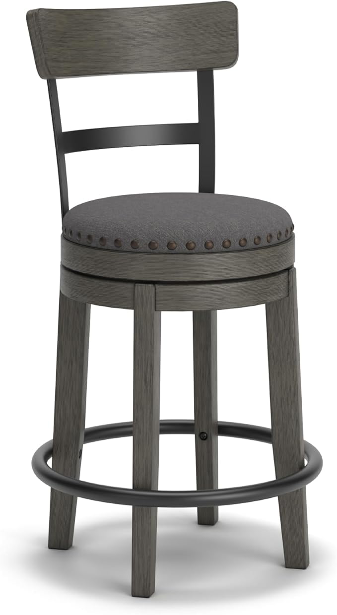 Signature Design by Ashley Caitbrook | Farmhouse Swivel 24" Counter Height Barstool – 360° Swivel, Upholstered with Nailhead Trim, Metal & Wood Frame, Gray