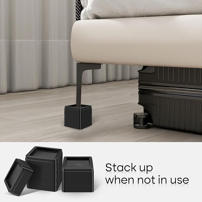 Oversized Heavy Duty Bed Risers & Furniture Risers - Stackable Supports 12000 Lbs,Furniture Lifter/Square Bed Raising Blocks for Sofas, Couches, Desks (Black 4 Pack, Fits Huge 5.5 × 2 inch)