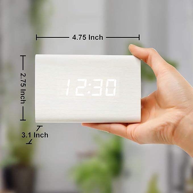 GEARONIC Digital Alarm Clock Wooden Alarm Clock Wood Modern Triangle Alarm Digital Desk Clock, Displays Time Date Temperature Calendar Wood Made Electric Clocks for Bedroom, Bedside - White