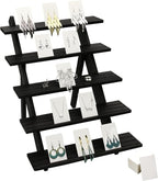 101pcs 5-Tier Wood Earring Display Stand, Retail Display Riser Earring, Ring Holder Stand, Removable Countertop Small Merchandise Display Stand with 100 Pcs Earring Card (Brown color)