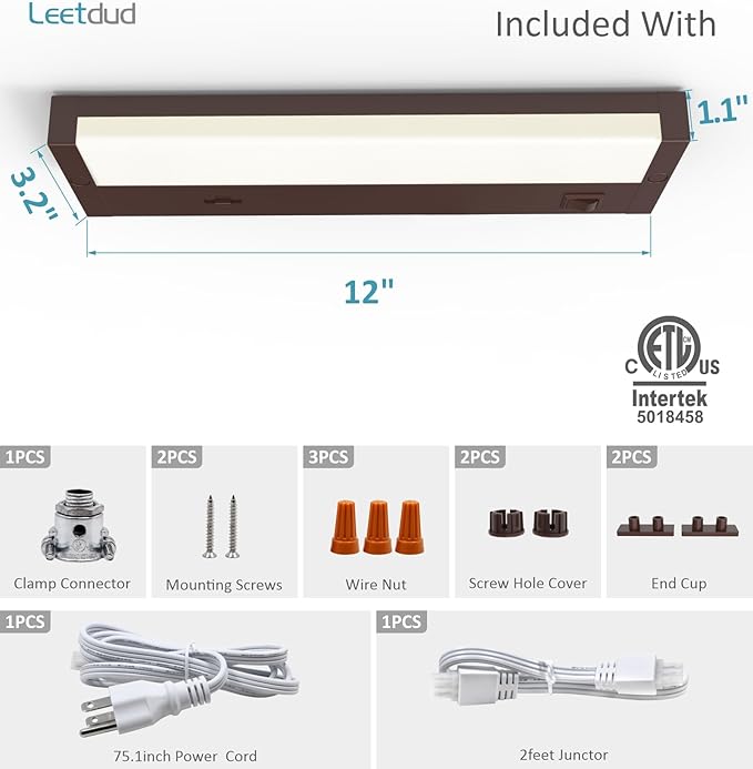 LED Under Cabinet Lighting Hardwired or Plug in, 12 Inch 6W, Dimmable 5 Color 2700K/3000K/3500K/4000K/5000K, Linkable Eyes Care Design Counter Lights for Kitchen, Sink, ETL Listed, Bronze
