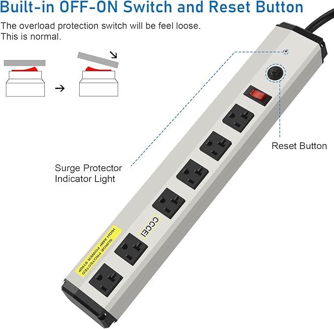 CCCEI Heavy Duty Power Strip Surge Protector 20 Amp, High Amp Industrial Shop Garage Metal Multiple Outlets, 15 FT 12 Gauge 5-15P Extension Cord 6 Outlet 6-20R T-Slot 20a for Appliance.