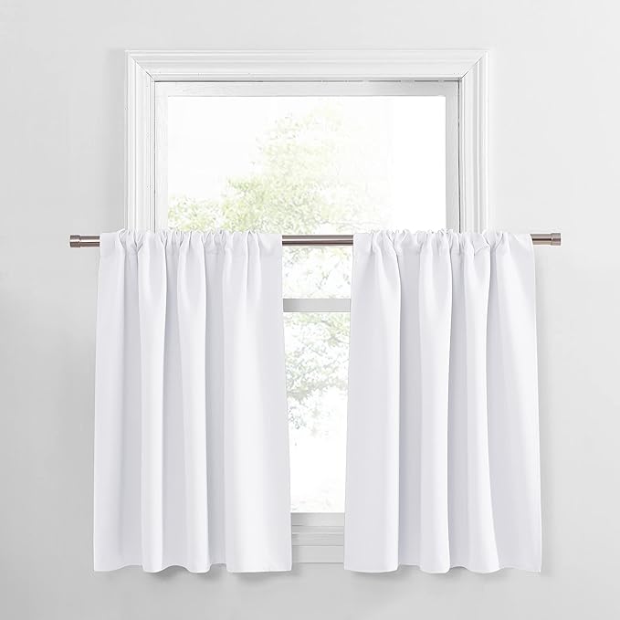 PONY DANCE Window Curtain Valances - Rod Pocket Drapes Set Thermal Insulated Curtain Panels Noise Reducing Window Treatment for Kitchen, 42 W x 30 L inch, Pure White, 2 PCs