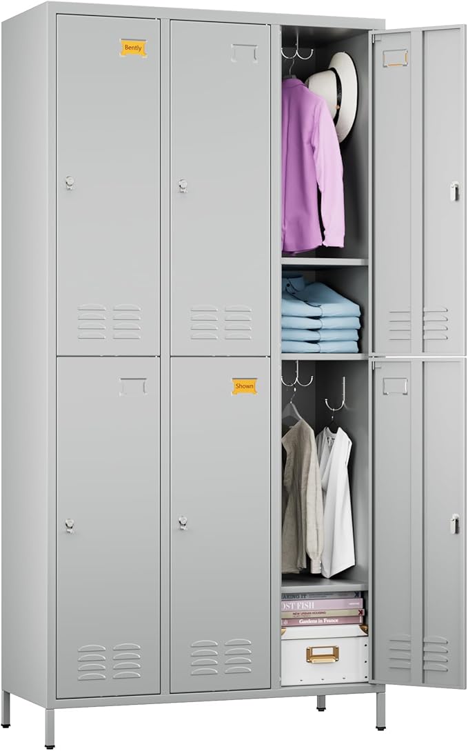 Aobabo Metal Locker for Employees, 6 Doors Metal Locker Cabinet with Lock, Industrial Storage with 18 Hooks, Storage for Office, Gym, Dormitory, Assembly Required, Light Grey