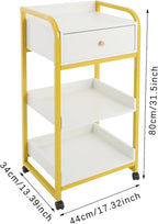 3-Tier Salon Trolley Cart w/Drawer & Shelves, Esthetician Carts w/Wheels Utility Storage for Barber Nail Spa Office, Gold, White