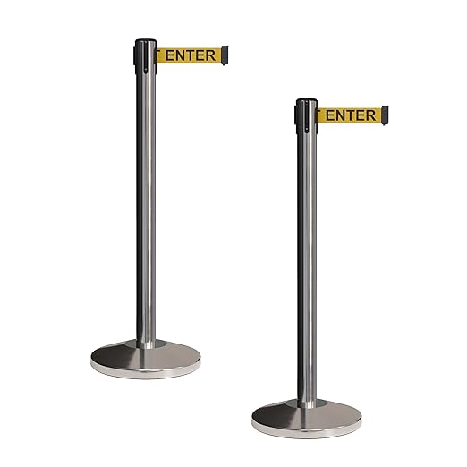 Crowd Control Warehouse CCW Set of 2 Retractable Belt Barriers Stanchion, Polished Stainless Steel Post, RBB-100 (7.5 Foot Belt, Yellow"Caution - DO NOT Enter" Black Letters Belt)