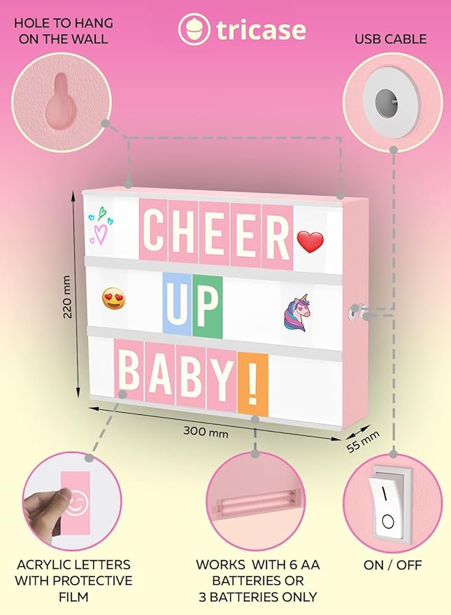 Pink Cinema Light Box with 312 Letters, Emojis & 3 Markers - Led Light Box Sign for Home & Pink Room Decor - Premium Light Up Letter Board - Best Gift Idea for Women & Girls on Christmas or Birthdays