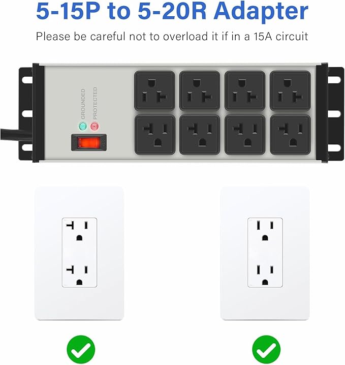 CCCEI Magnetic Heavy Duty Power Strip Surge Protector 20Amp, 12 Gauge High Amp Extension Outlets, Garage Wall Mount 8 Plug Metal Power Strip. 25FT, Grey, 5-15P Adapter 6-20R T-Slot 20a for Appliance