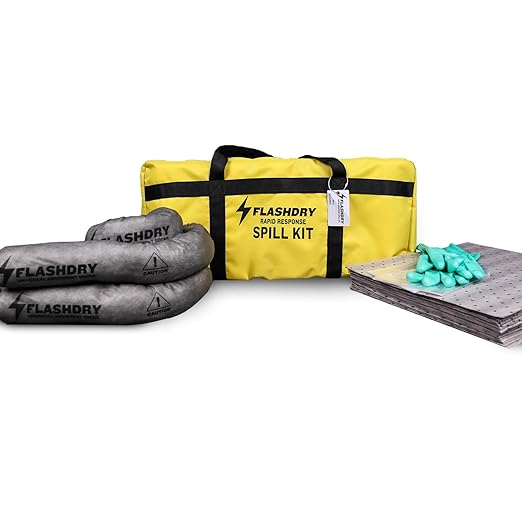 Set of 2 Flashdry Portable Complete Spill Kits with Yellow Duffle, Bag Tag, 15 Spill Absorbent Pads, 2 3"x4' Sorbent Socks, Disposal Bags, Nitrile Gloves