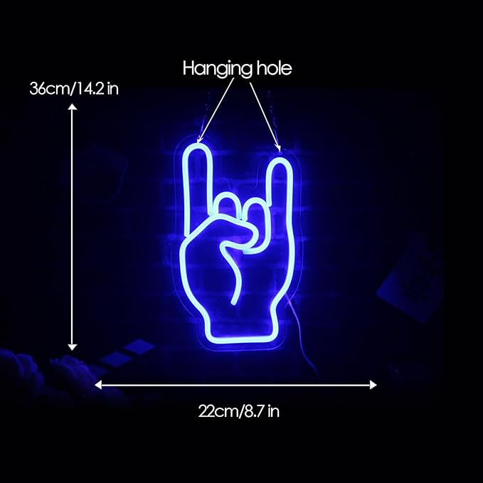 Rock on hand Neon Sign Rockin Hand Neon Light LED Neon Sign for Wall Décor Dimmable Rock and Roll LED Neon Light for Bar Restaurant Music Concert Man Cave Wall Art 14"×8.4"