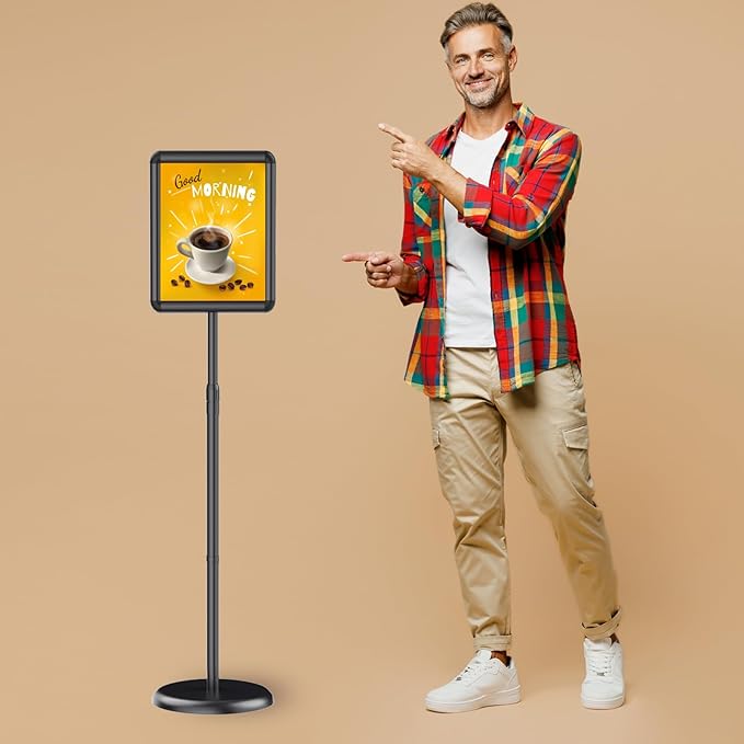 Adjustable Pedestal Floor Stand Sign Holder for 8.5*11 inches Poster or chalk board, Snap open frame,360° Rotation,Outdoor Indoor Standing Display Sign Holders for advertising ,Black