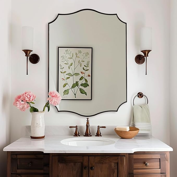 ANDY STAR Scalloped Bathroom Mirror, 24"x32" Brushed Bronze Vanity Mirror, Antique Bronze Decorative Bathroom Mirrors, Anti-Rust Stainless Steel Metal Frame, Stunning Design Ideal for Home Decor