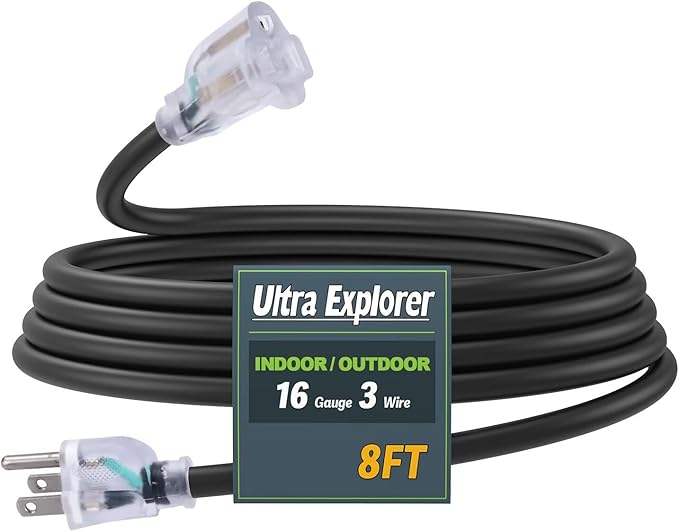 8 Ft Indoor Outdoor Black Extension Cord, 16/3 Heavy Duty Extension Cable, 3 Prong Grounded Plug with Lighted End for Appliance and Lawn, 13A, UL Listed