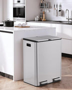 Arlopu 16Gal Dual Trash Can w/2 Built-in Box for Odor Control, Hands-Free Kitchen Garbage Bin, Recycle Waste Dustbin, Soft-Close Lid, 2 Buckets,Foot Pedal, Side Handle, Airtight,for Home (Silver)
