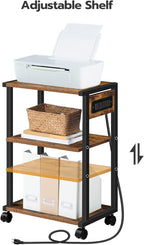 HOOBRO Industrial Printer Stand with Charging Station, 3-Tier Printer Table, Rolling Printer Cart with Adjustable Shelf and Hook, Rustic Brown and Black BF28UPS01