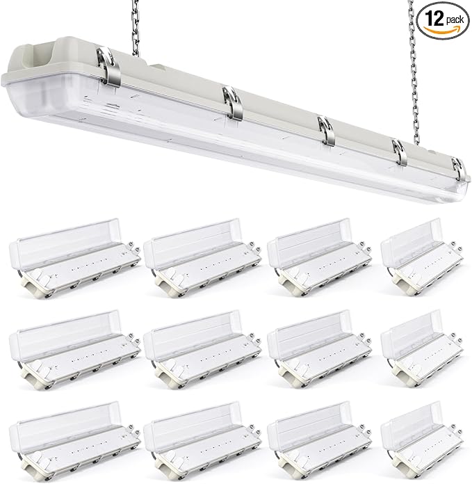 Sunco LED Ready Fixture for Garage Ceiling, 4ft Shop Lights Holds 2 LED Tube Lights, Non-Dimmable, Surface Mount, Works with Type B and Hybrid Tubes, 120-277V, Wet Rated ETL 12 Pack