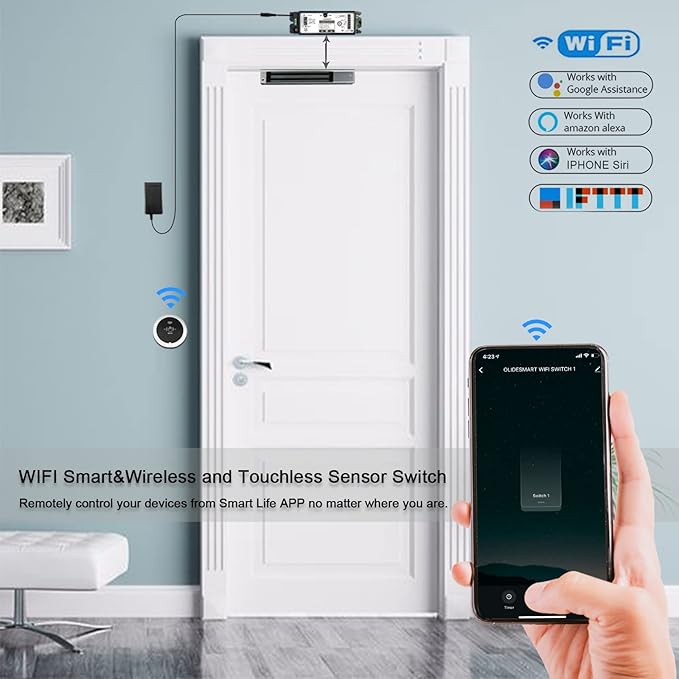 WiFi Access Control 400lb Holding Force Electic Magnetic Door Lock System Kit with Remote and Smartphone app Control, paired with Wireless Metal Touchless Round Switch (Electric Magnetic Lock kit)