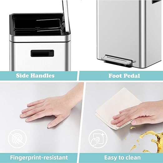 Dual Compartment Trash Can - 2 X 4.7 Gal (2 x 18L) Stainless Steel Trash Can, Double Sorting Bin with Soft Close Lids, Removable Inner Bucket, Step-on Recycling for Kitchen Home Office